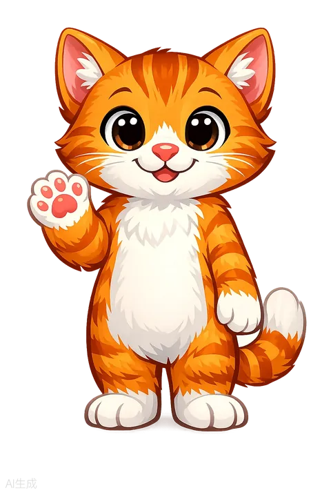 Friendly cartoon cat mascot surrounded by playful cat toys