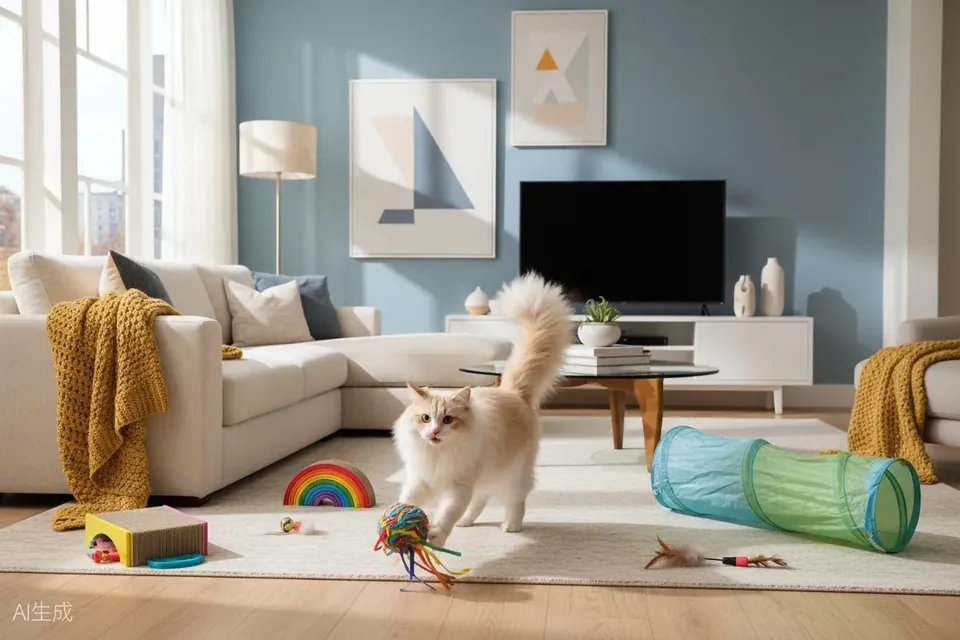 Indoor cat playing with a toy in a comfortable home